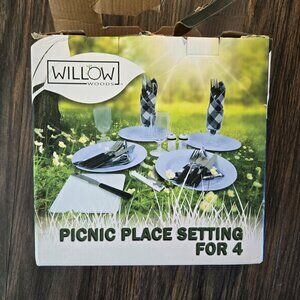 WILLOW WOODS Picnic Place Setting for Four NEW IN OPENED BOX